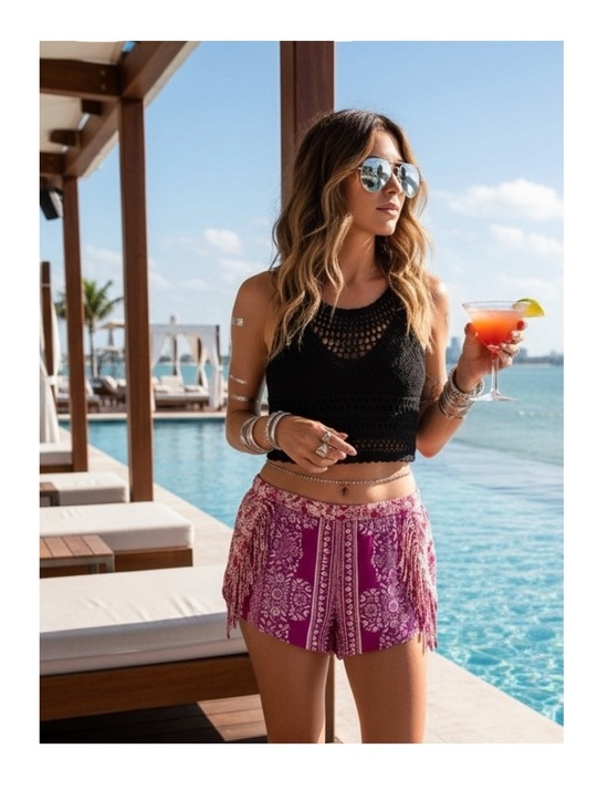 Gypsy 05 Pants - new Gypsy05 ꧁ Mixed Print Rayon Voile Fringe Shorts ꧂ Hot Pink Large ꧂ Festival